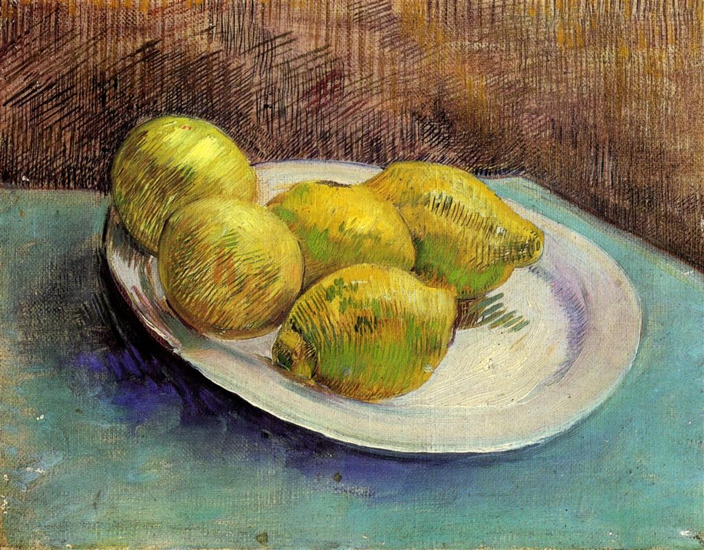 A post-impressionist painting by Vincent van Gogh depicting several bright yellow lemons piled on a simple ceramic plate against a textured, light-colored background.